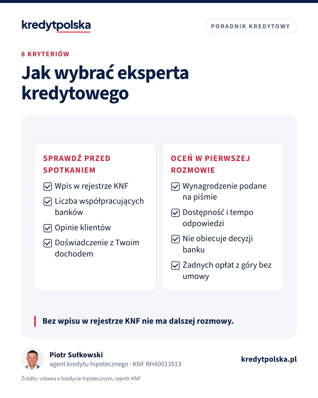 Jak wybrać eksperta kredytowego. Bez wpisu w rejestrze KNF nie ma dalszej rozmowy.