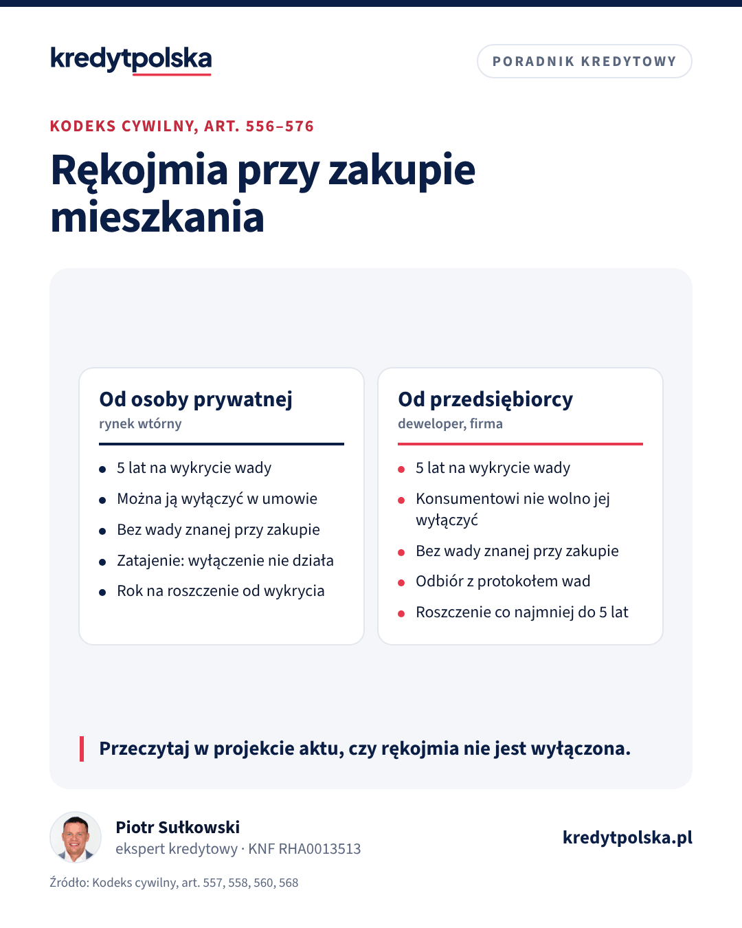 Rękojmia przy zakupie mieszkania. Przeczytaj w projekcie aktu, czy rękojmia nie jest wyłączona.